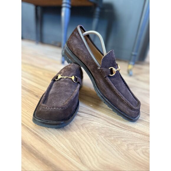 Gucci Mens Dark Brown Chocolate Suede Gold Horse-bit Buckle Loafers Size 10 - Picture 2 of 14